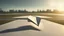 Placeholder: photo realistic, paper planes landing on airport tarmac, dawn light
