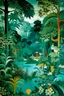 Placeholder: A mint colored jungle with a lake designed in Javanese shadow puppets painted by Wassily Kandinsky