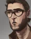 Placeholder: Fit man in round glasses, wavy hair, stubble, slim, tie, monotone, green eyes, comic book style, two tone colours, detailed, ink, realistic, handsome, square jaw, big brows, no jacket, bird on the shoulder, spotlight