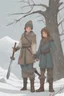 Placeholder: DnD style, two medieval peasant kids playing in the snow male and female, age 14 and 15, happy and playful, he has a short sword.