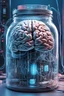 Placeholder: A magazine cover with a brain in a jar, and is connected to lots of wires. The overall color scheme should be cold and in cyberpunk style, mainly composed of blue-ish colors. The tone of the cover should be serious and venerating. A huge computer should be included in the background, with the wires also connected to it. The brain should be presented as a combination of both a physical brain and an electronic + virtual brain.