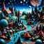 Placeholder: Detailed creepy landscape made of modeling clay, people, village, stars and planets, tilt shift perspective, Roger Dean, naïve, Tim Burton, strong texture, Ernst Haekel, extreme detail, Max Ernst, decal, rich moody colors, sparkles, bokeh, odd, giant boy as a background