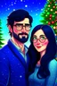 Placeholder: Christmas scene, dark haired couple, man with short black beard and glasses, woman with long hair and no glasses, blue eyes, young couple, graphic