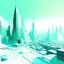 Placeholder: Digital illustration by Frank Miller of a futuristic and polygonal city, white ligh background colors are 60% white, 20% light blue (#DBF0EC) and 20% light green (#CCE7D5).