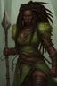 Placeholder: dungeons and dragons character portrait of a beast human female warrior with black skin, dreadlocks, thick eyebrows, big fangs and green eyes.