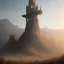 Placeholder: franz frazetta style, wizard tower on hill, amon hen, clear day, mountains in the distance, sunset