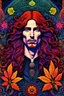 Placeholder: Gwilym Pugh, 3D embossed textured ethereal image; midnight hues, extreme colors, long-haired freckled redhead model Gwilym Pugh; trippin', psychedelic, groovy, art nouveau; indica, sativa, leaves, gig poster art, macabre, eldritch, bizarre, extreme neon colors, mixed media, velvet, paisley, embroidered, blacklight, uv