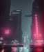 Placeholder: circular white moon, 3D, beautiful, light reflecting, empty city, midnight, rainy night, neon, cyberpunk, person