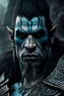 Placeholder: portrait of an orc king with pale skin. scar running across one eye. Tribal Tattoos Dark hair and ice blue eyes. His look is sad. Half of his head is shaved. wearing jewellery. High resolution. 4K. 8K. Dark Fantasy style. Cave in the background