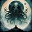 Placeholder: double exposure silhouette of brilliant fantastical massive Cthulhu, moon rise, Lovecraftian symbology, style by Stephen Gammell and Kay Nielsen and Jeremy Mann and Bosch, colorful, intricately detailed, Twin Peaks aesthetic; incredible diagonal composition; dynamic lighting, masterpiece, color watercolor and pen illustration, Reflections, cell-shaded, Volumetric lighting