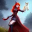 Placeholder: Red headed witch girl and her cat animal companion, beautiful, cute, 8k, unreal engine 5, mischievous, artgerm, art design by Raymond Swanland