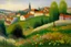 Placeholder: A town with a hill and spring flowers painted by Georges Seurat