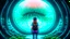 Placeholder: woman standing inside the interior of a ruined alien spaceship, with a circular window, overrun with mushrooms with jellyfish tentacles