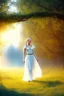 Placeholder: young elf woman, countryside, blonde braids, trees, magic, motif, white dress, cinematic, forrest, happy, 3d art, alfons mucha, photography, smile, nature