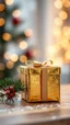 Placeholder: pine branch and shiny gold Christmas gift box with ribbon, festive atmosphere. in blur background, warm lights, hig realistic, perfect shot, professional photo