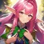 Placeholder: girl, masterpiece, best quality, volumetric lighting, dynamic pose, detailed outfit, perfect eyes, pink hair, pink eyes, messy hair, long hair, elf, holding bow,