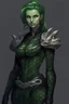 Placeholder: female snake humanoid, green scales, wearing a black leather armor, dungeons and dragons