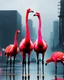 Placeholder: three giraffe-headed flamingos with giraffe neck and head and giraffe pattern, standing in a gloomy cyberpunk downtown kerbside in overdrive, acrylic and oil, minimalist, cinematic, dramatic, (glitch deconstruction:1.7), centered,, amazing verticals, excellent parallels