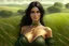 Placeholder: sexy medieval woman, green eyes, tanned skin, dark brown hair, very low plunge dress, huge boobs, field background, realistic