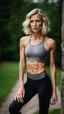 Placeholder: photography of a beautiful anorexic woman, grey satin sports bra, sports illustrated, blond short wavy bob haircut, pronounced sternum, grey running leggins