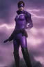 Placeholder: Kit Walker aka THE PHANTOM, Strong, athletic physique, action poses, wearing a skin-tight, formfitting purple bodysuit with a skin-tight, formfitting purple cowl, black eye disguise, black utility belt and double holstered pistol belt, black knee-high boots, glowing white eyes, battle scars, blood, foggy, cloudy background, multicolored lightning, flowing lava, Full Eclipse, aliens, explosions, bright, vibrant, extremely colorful, detailed, blood red skies