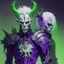 Placeholder: Demonio con armadura verde y negro y casco de calavera posando con un demonio hombre joven de armadura morada y verde con cabellos blancos y piel pálida