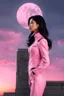 Placeholder: Photo Of A slim Woman With Black Hair, Wearing an android-looking suit, standing sideways On a ledge of a building, with a waning moon Behind Her Head, pink sunset with small clouds