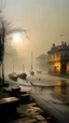 Placeholder: Qaitbay Citadel in Alexandria, fishermen’s boats anchored around it, fishermen putting fishing nets on their boats, fog covering the place, the moment the sun rises