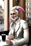 Placeholder: One single mature rich cockatoo with expensive clothes, sitting in a café on the street, Vienna, laughing, colour, model style, hyper realistic, extremely accurate, delicate, extremely detailed, Graphic novel style, wide-angle, open aperture, superfine pencil