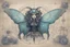 Placeholder: Jean-Baptiste Monge style hand drawn technical illustration with detailed blueprints and engineering schematics of a walking hybrid Luna moth goth girl, with highly detailed facial features with multi cellular eyes, drawings, and technical notation, 8k, vibrant natural colors,