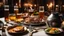 Placeholder: 142857, delightful, sensitive, delicious food, banquet, pewter tankards and pewter plates, pewter mugs, pewter cups, beer, ale, confident, night, darkness, architecture, filled with delicious food, splendid cooked pig's head, award-winning photograph, beautiful composition, chiascuro