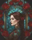 Placeholder: Intricately detailed character illustration resembling stained glass, featuring a woman embellished with (crimson roses:1.3), rendered with an eerie realism, illuminated in enchanting (light cyan and amber hue