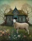 Placeholder: Intricately textured Amanda Clark, Catrin Welz-Stein, Zdzisław Beksiński and Dee Nickerson style mix, iridescent pastel colours; "Whimsical, bizarre, twisted, bending house on a flowering meadow, branches growing from roof, fences, many sheep," watercolor painting, meticulous detail with fine pen strokes, intricate patterns, fantasy landscape elements, fractals, dreamlike atmosphere, imaginative composition, artistic interpretation by SK, intricate linework, organic textures, sunny lighting.