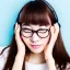 Placeholder: Portrait of a beautiful Korean girl with brown hair and round glasses wearing white headphones with her hand under her chin