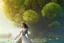 Placeholder: young woman in an android suit with dark hair, standing on the shore of an alien sea, with flying forests of dandelion seed head trees in the distance