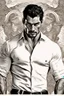 Placeholder: David Gandy Very muscular man short cropped hair and rough beard, tribal tattoos wearing white button up shirt, realistic face, close-up, dark fantasy, inside, intricate details, hyper detailed, photograph