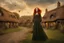 Placeholder: Full body shot of a tall slim pretty, red-headed young female witch, casting magical glowing symbols into the air, dressed in a long flowing green dress, standing in front of a row of cottages and shops with thatched roofs