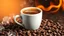 Placeholder: A cup of coffee with coffee beans around the image combined with light, water, ice and fire