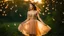 Placeholder: A gorgeous smiling Asian model in a fairy outfit in a wood dandelio seeds in the air and fireflies at sunset