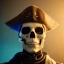 Placeholder: a cyberpunk hacker pirate captain skeleton with a pirate hat sitting in front of a huge old crt monitor in a dark room holding a beer, only light coming from crt monitor, highly detailed, intricate, digital art, trending on artstation, trending on cgsociety, by greg rutkowski