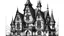 Placeholder: A detailed ink illustration of a front elevation of a Tudor fantasy house, with tall chimneys and roofs.