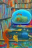 Placeholder: An aquarium glass cat shaped aquarium with fish, colorful fish, in an old style cozy library with a comfortable armchair to sit in and a large aquarium with fish, colorful fish