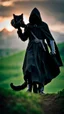 Placeholder: a full-length photograph of a [black-robed hooded Nazgul from the [Lord of the Rings] movies, articulated metal gauntlets] stands over a [small black kitten] which laps from a [small bowl of milk] on the ground, a [huge black warhorse, black saddle] in the background, depth of field, green meadow, mood ominous --style raw