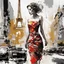 Placeholder: illustration of abstract painting: city Paris, skyline buildings, Woman beautiful dress, black-white-red-gold by Derek Gores, Highly Detailed