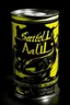 Placeholder: Create a yellow and black can with "Sacrificial Broth" written in neat, legible cursive on it, ensuring all words are spelled correctly; Pop Art; Andy Warhol