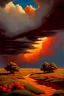 Placeholder: hyperrealistic by Mark Maggiori of a large sky filled with clouds from a thunderstorm looking over the Texas high plains, looking down over the deep prairie canyons, warm-colored cumulus clouds and lightening, Thunderstorm, southwest wildflowers, American Southwest, Southwestern Art, Western Art, Detailed, Mark Maggiori, warm colors, inspiration from Mark Maggiori "the Vermillion Trail", hyperrealistic, hyperrealistic painting, Clouds, Thunderstorm, warm colors with red-orange toned clouds