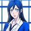 Placeholder: Anime drawing a of a female mean teacher with medium length black hair and blue eyes in a school background behind a chalkboard with a black or gray outfit