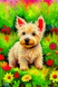 Placeholder: oil painting of playful westie puppy in field of flowers, van gogh style