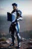 Placeholder: a human male with blue short hair and blue wings in an assymetrical armor with geometric patterns and a book in hand