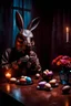 Placeholder: horror figure in rabbit mask sitting on the floor and eating chocolate, around chocolate eggs, brocken glass vase with flowers, volumetric light, dark colors, surreal dark mood, detalied, cinematic